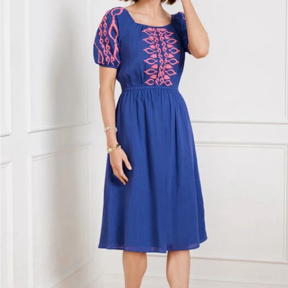 Talbots crinkle gauze Blue Midi Sundress with Puff Sleeves Square Neckline PXL